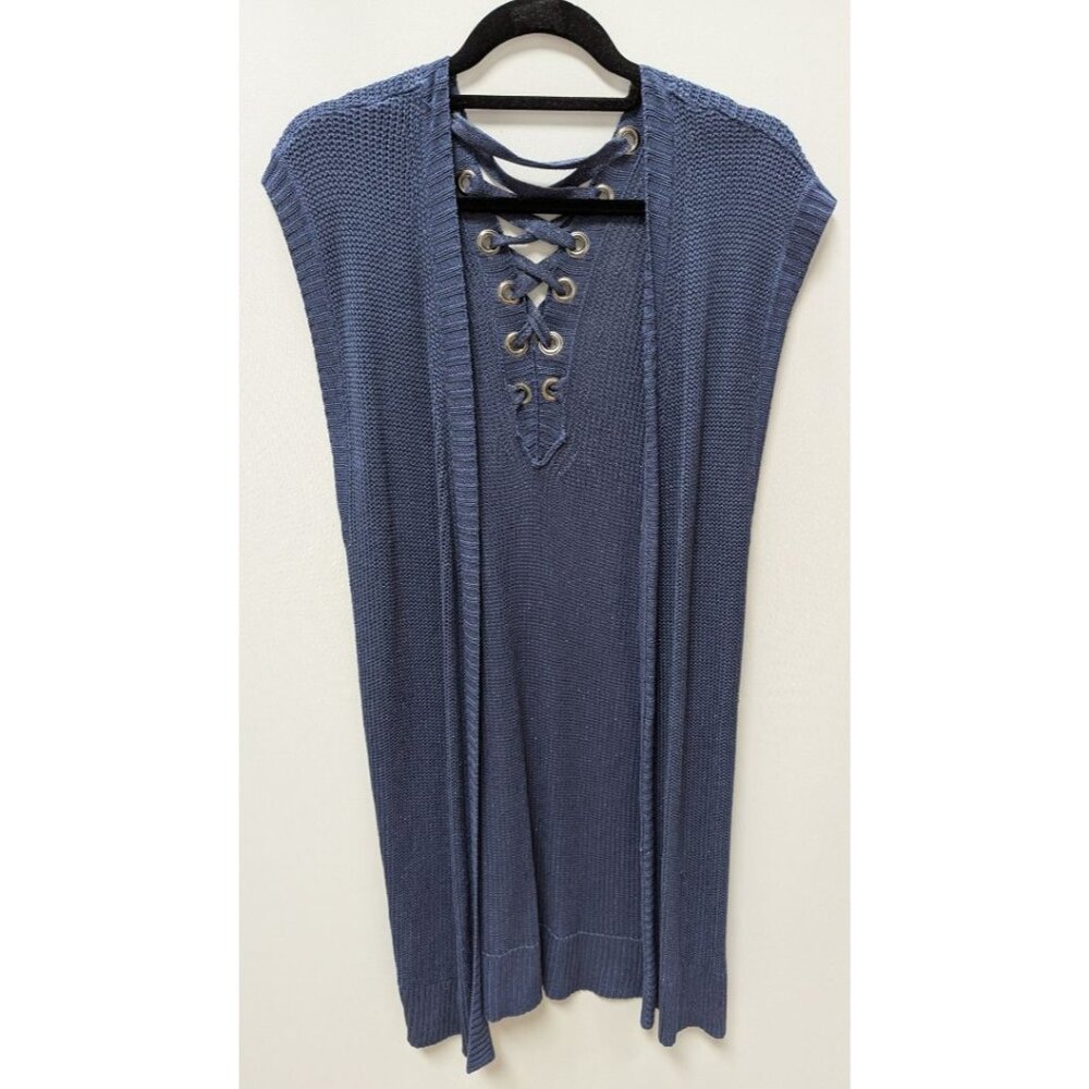 Chico's Dark Blue Knit-Back Open Front Duster Cardigan
